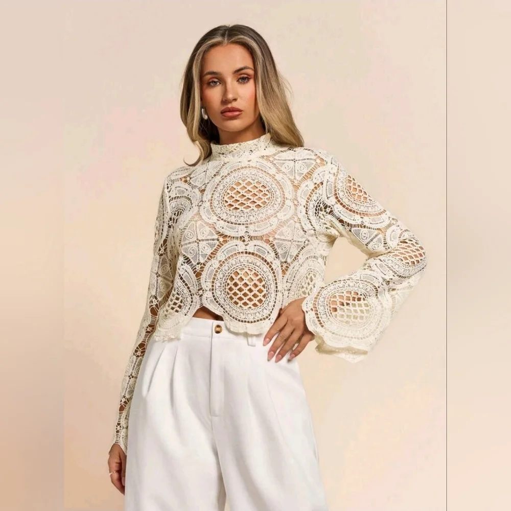 Glamine Long Sleeve StandCollar Water Soluble Flower Inlay Edge Sheer Hollow Top - Picture 6 of 7